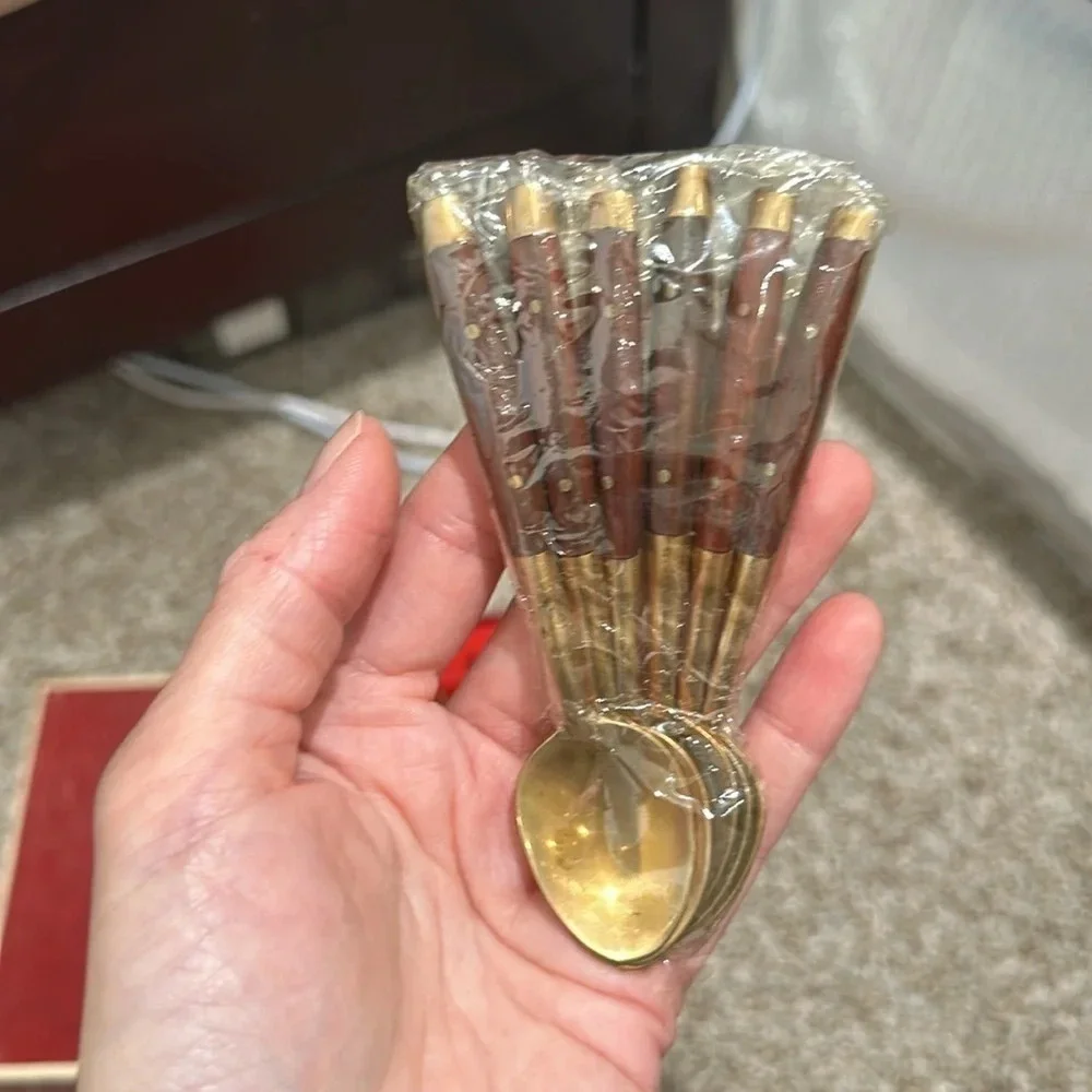 Vintage Mid-Century Thailand Bronze and Rosewood Dessert Set